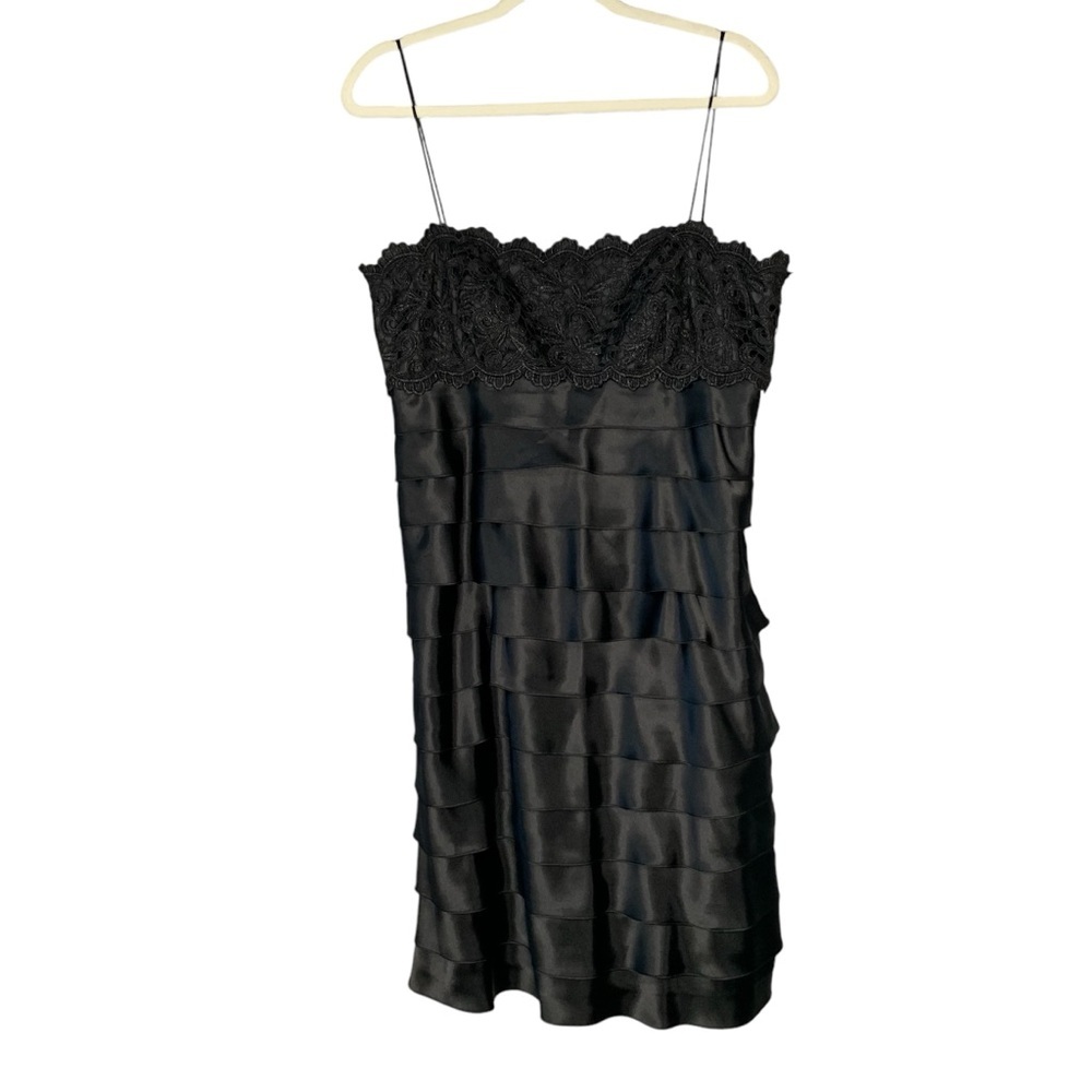 Cachet VTG satin black ruffle tiered shift dress w lace trimmed‎ bust. Size 14P